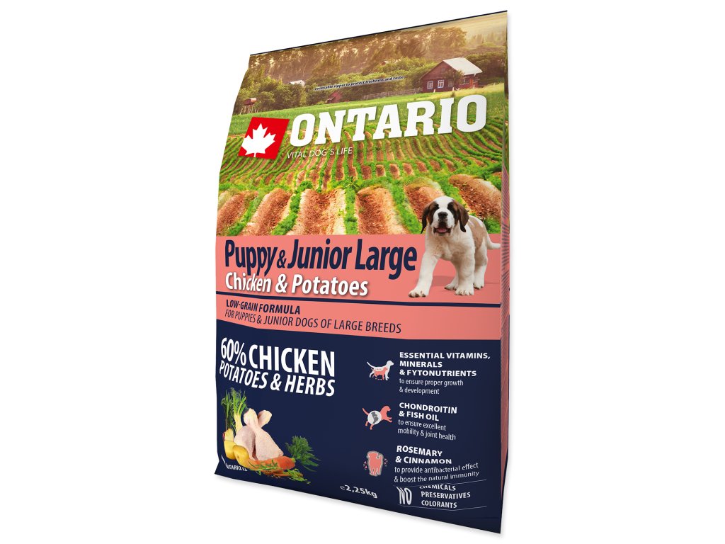48858 1 ontario puppy junior large chicken potatoes herbs 2 25 kg z kategorie chovatelske potreby a krmiva pro psy krmiva pro psy granule pro psy