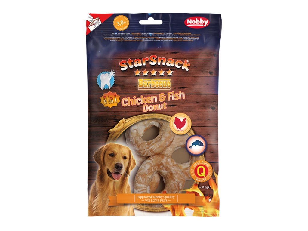 33618 2 nobby starsnack bbq chicken fish donut pamlsky 110g z kategorie chovatelske potreby a krmiva pro psy pamlsky pro psy zvykaci pamlsky pro psy