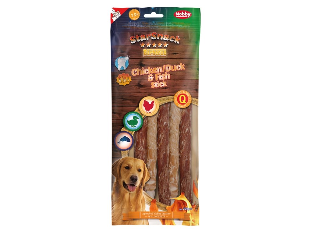 33612 2 nobby starsnack bbq chicken duck fish stick pamlsky 200g z kategorie chovatelske potreby a krmiva pro psy pamlsky pro psy zvykaci pamlsky pro psy