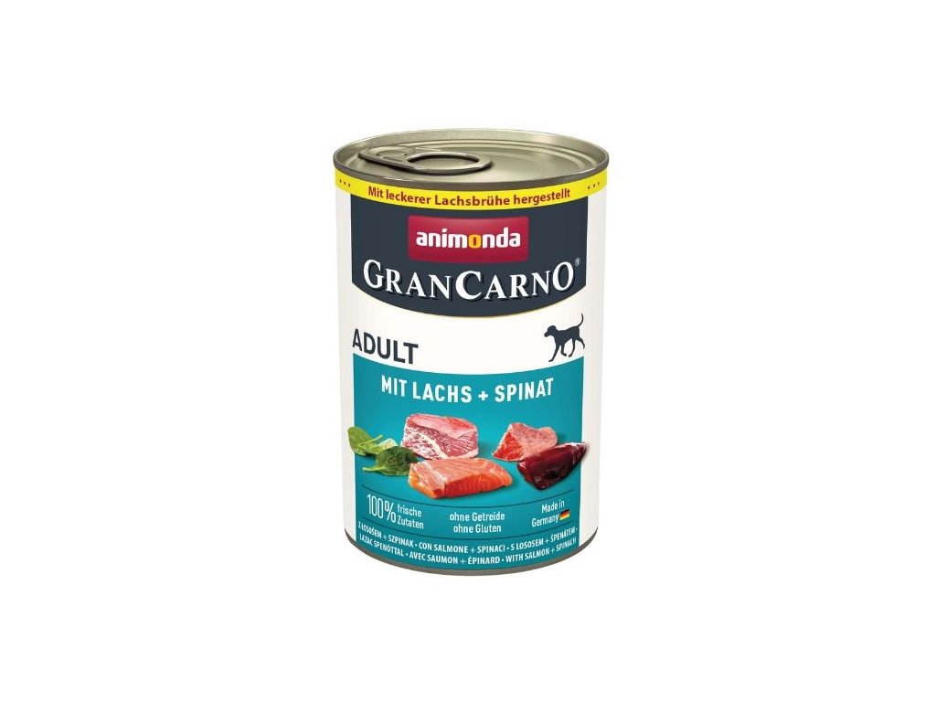 84030 1 grancarno adult losos se spenatem 400g z kategorie chovatelske potreby a krmiva pro psy krmiva pro psy konzervy pro psy