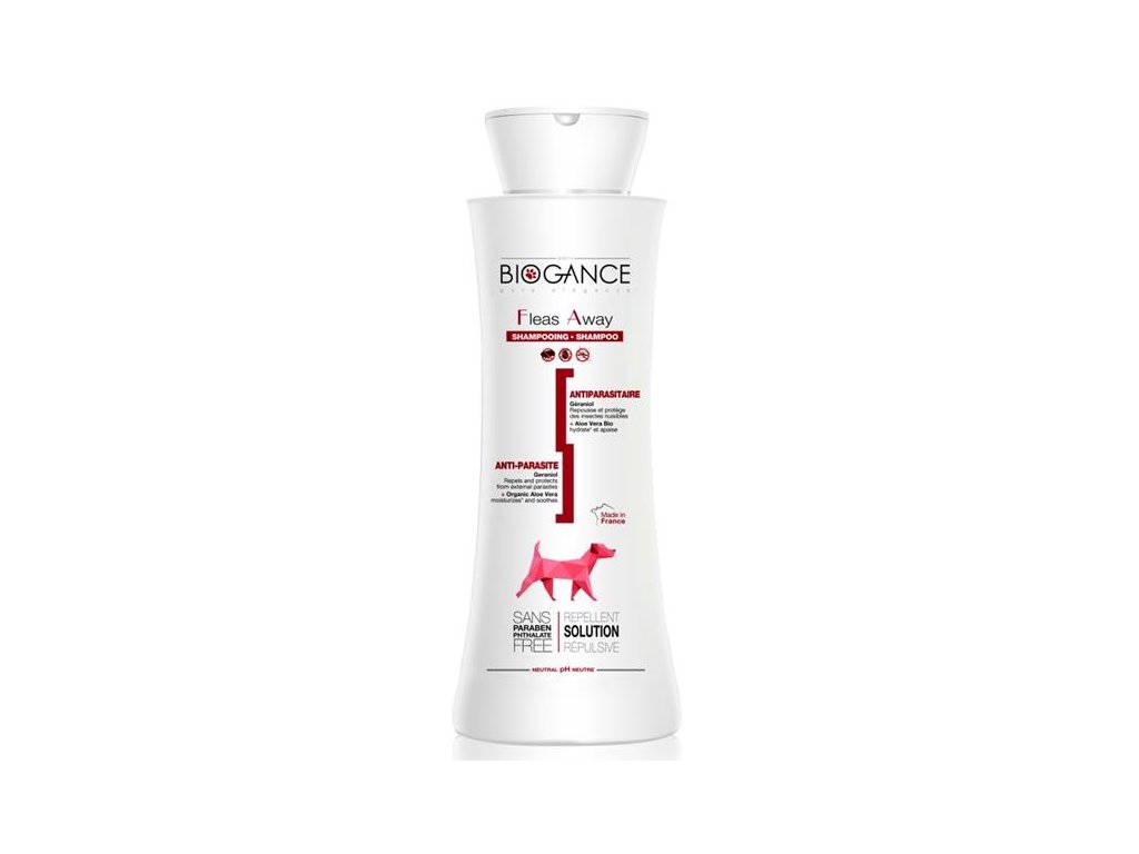 77457 1 biogance sampon fleas away dog antiparazitni 250 ml z kategorie chovatelske potreby a krmiva pro psy hygiena a kosmetika psa sampony a spreje pro psy