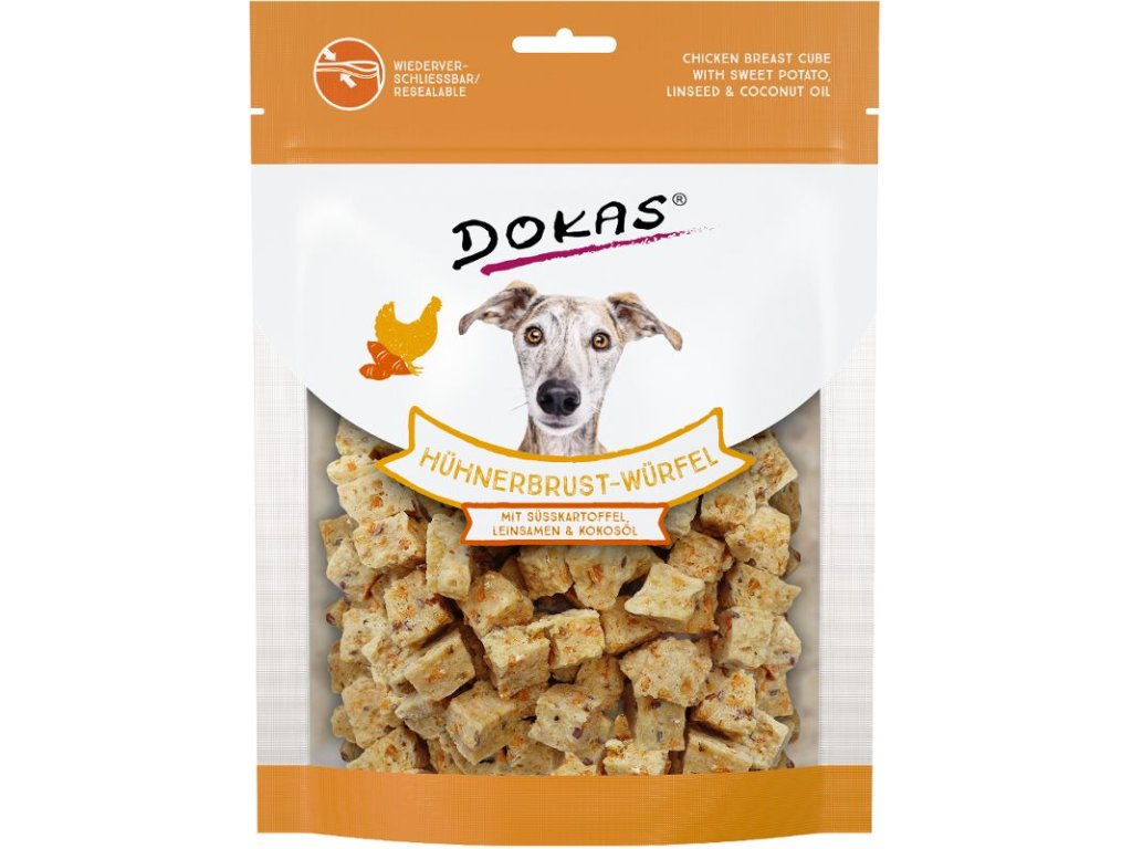 38337 1 dokas kureci kostky s bataty a lnenym seminkem 150g z kategorie chovatelske potreby a krmiva pro psy pamlsky pro psy pamlsky susene mrazem pro psy