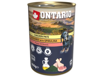 49002 1 konzerva ontario puppy chicken pate flavoured with spirulina and salmon oil 400 g z kategorie chovatelske potreby a krmiva pro psy krmiva pro psy konzervy pro psy