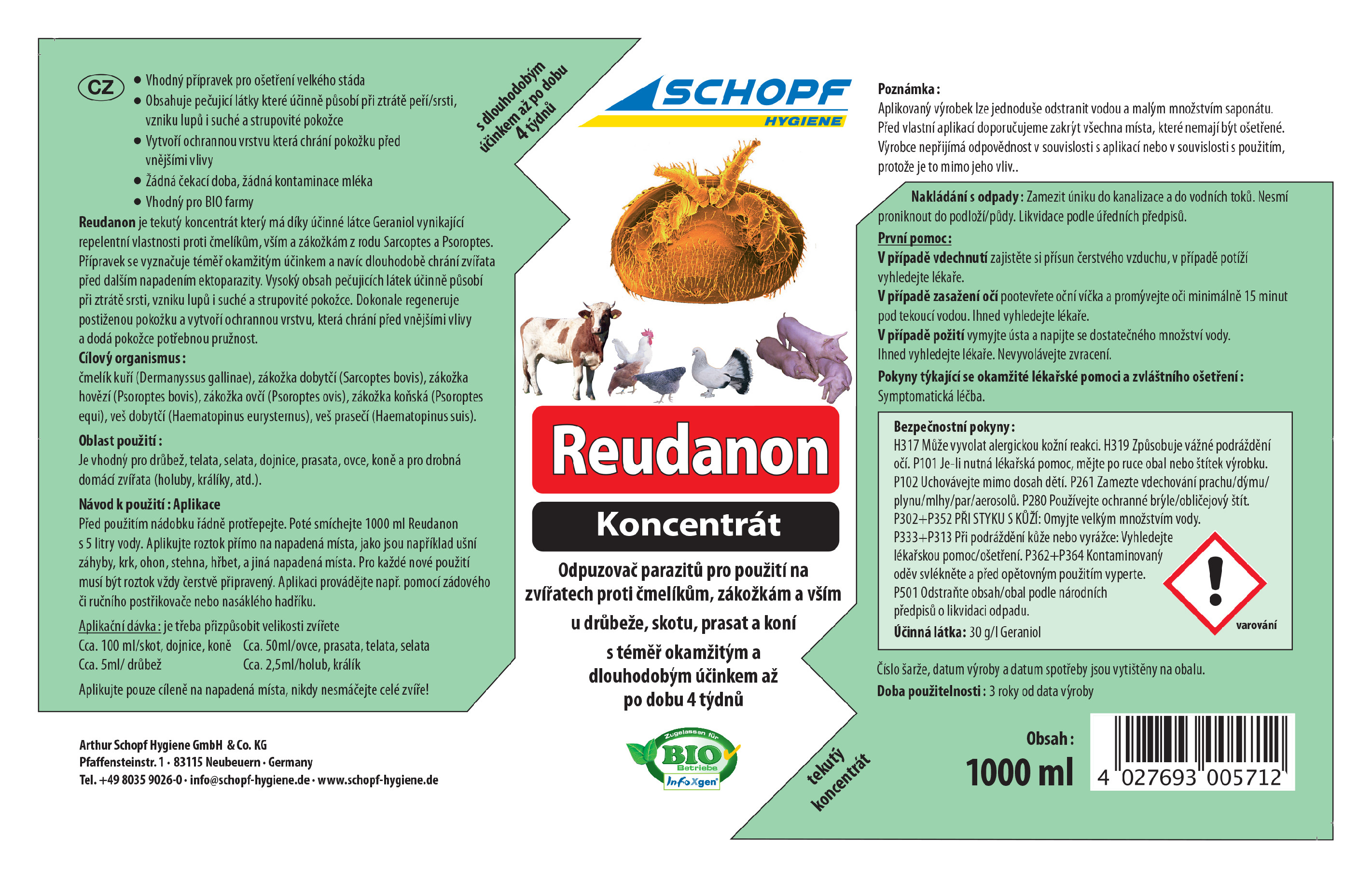 BIO tekutý koncentrát proti čmelíkům, blechám, klíšťatům SCHOPF REUDANON KONZENTRAT 1000ml