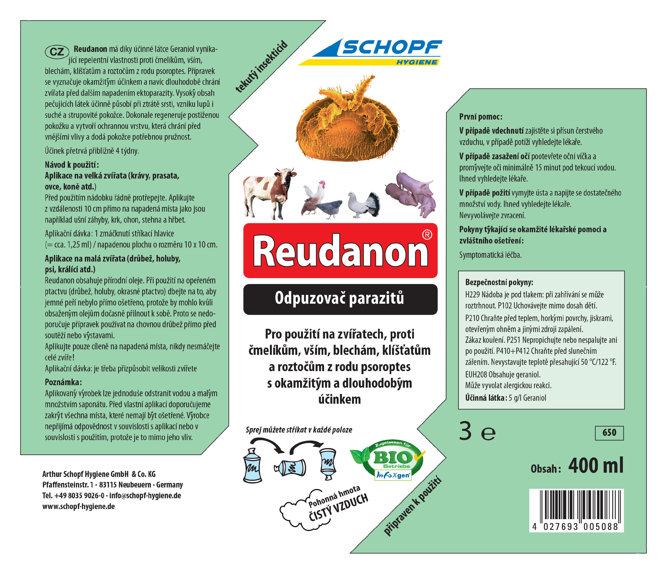 BIO roztok ve spreji proti čmelíkům, blechám, klíšťatům SCHOPF REUDANON AEROSOL 400ml