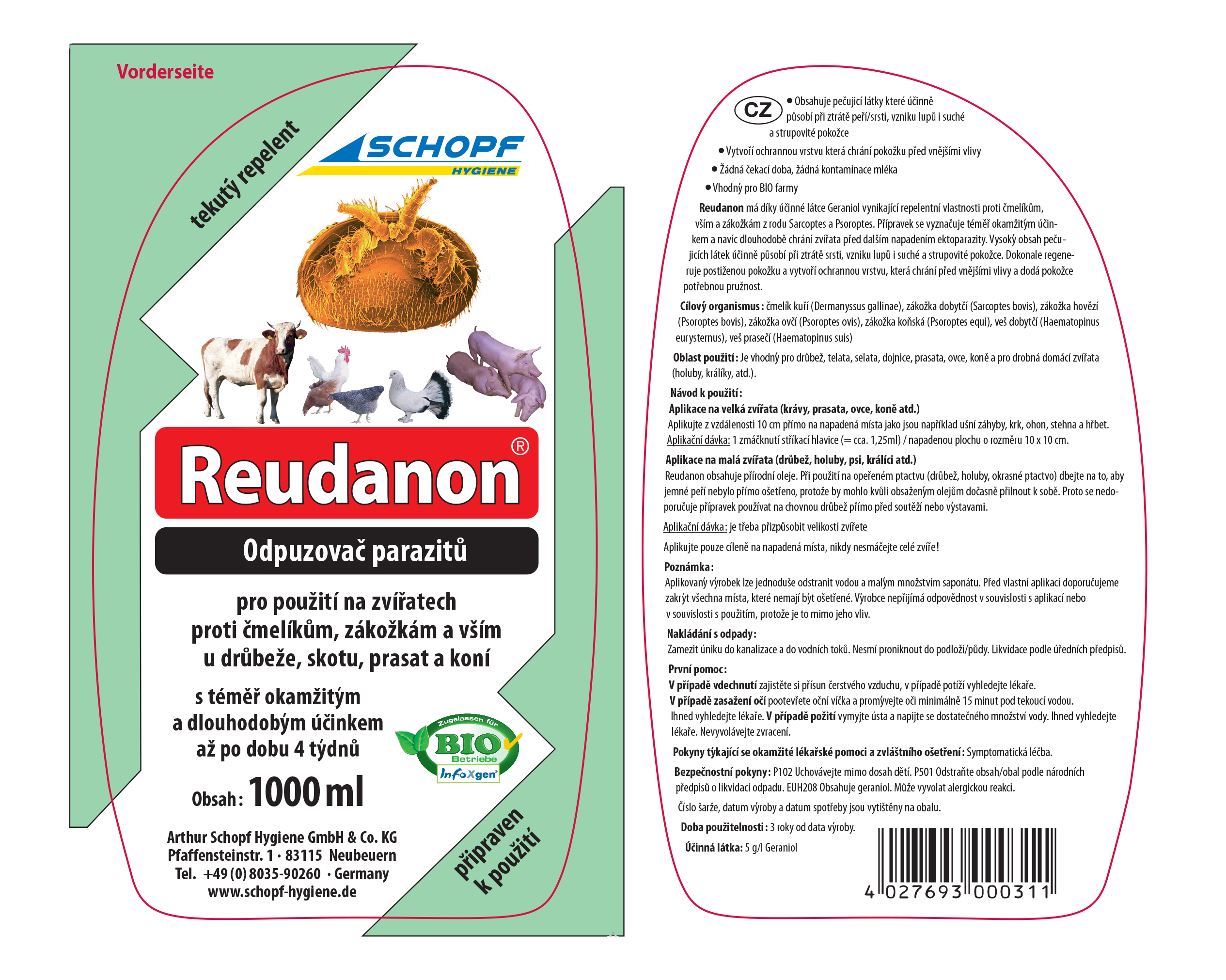 BIO roztok s rozprašovačem proti čmelíkům, blechám, klíšťatům SCHOPF REUDANON 1000ml