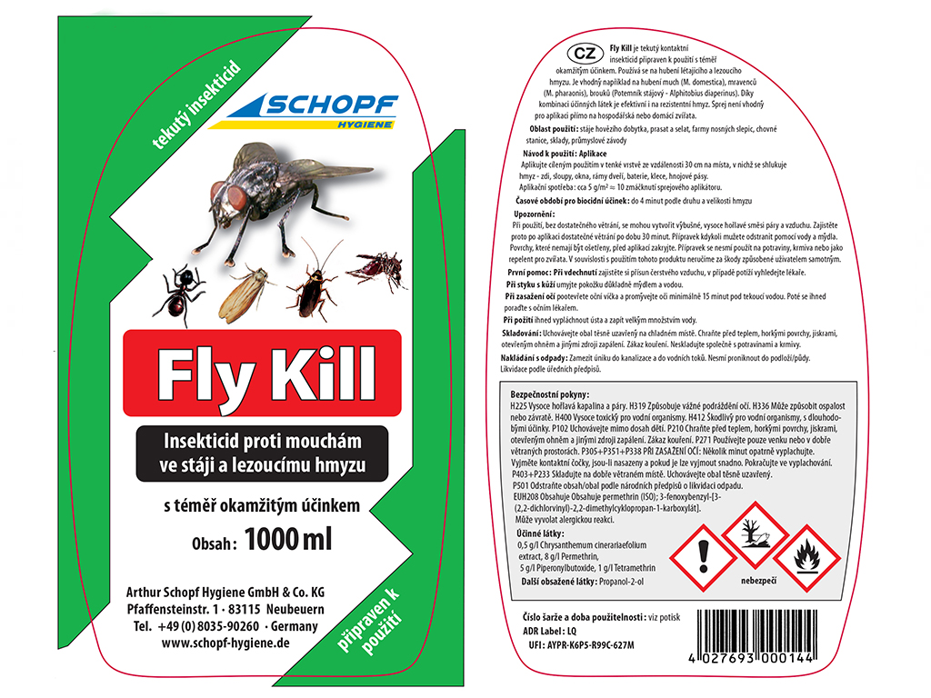 Roztok s rozprašovačem k hubení much, mravenců a molů  SCHOPF FLY KILL, 1000ml