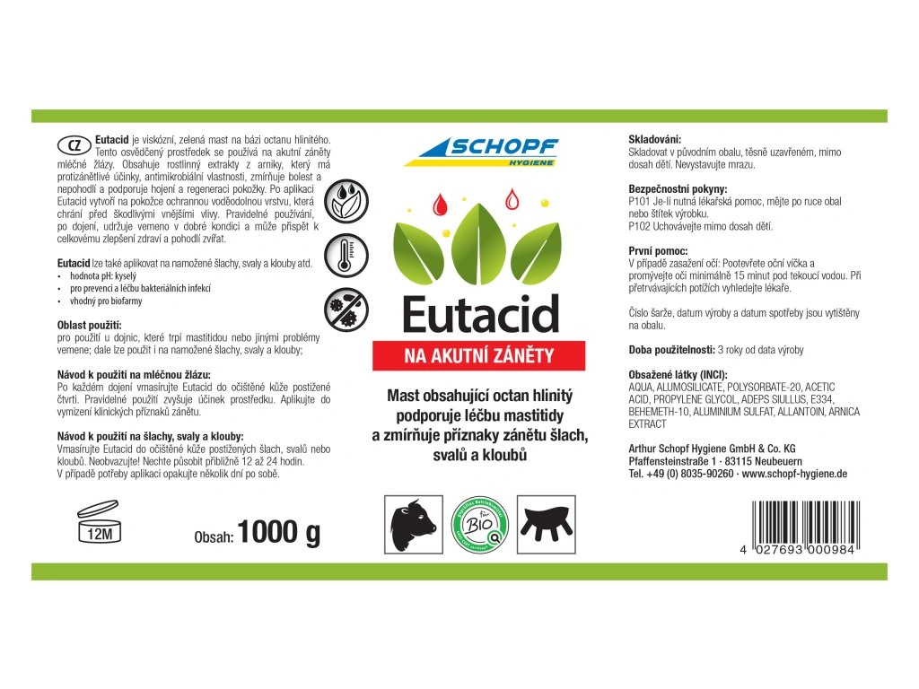 BIO ošetřující mast na vemena SCHOPF EUTACID, 1 kg