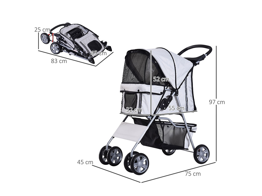 Kočárek pro psy PAWHUT D00-058GY, stříbrný