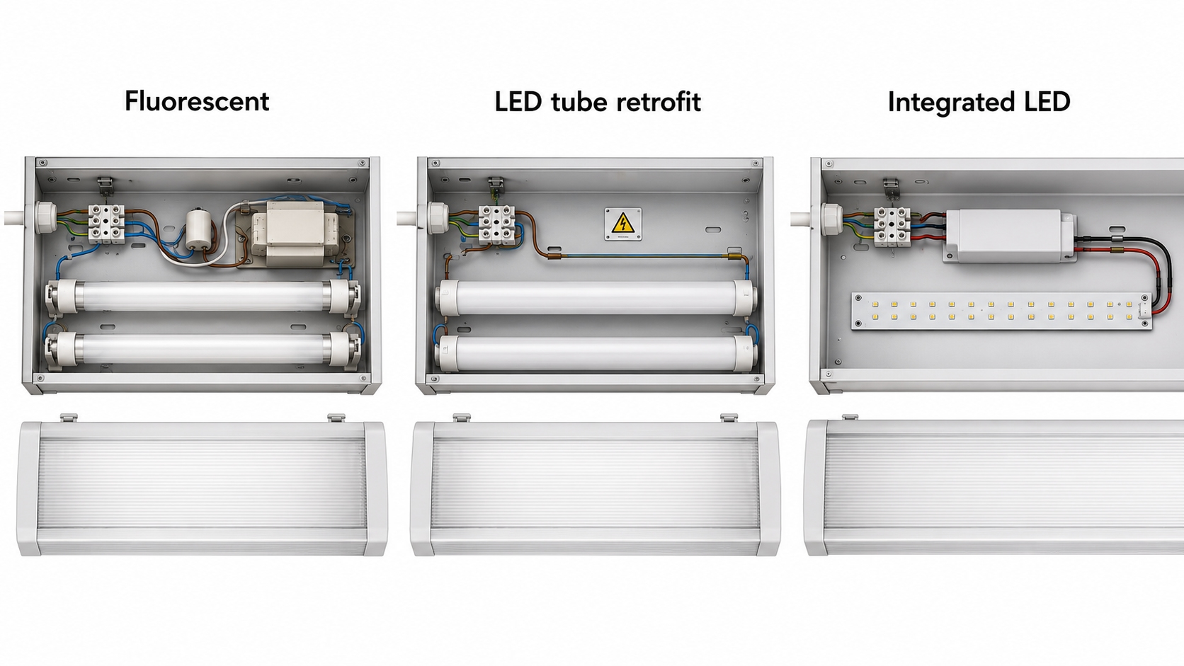Srovnání zářivkového tělesa, přestavby na LED trubici a integrovaného LED svítidla