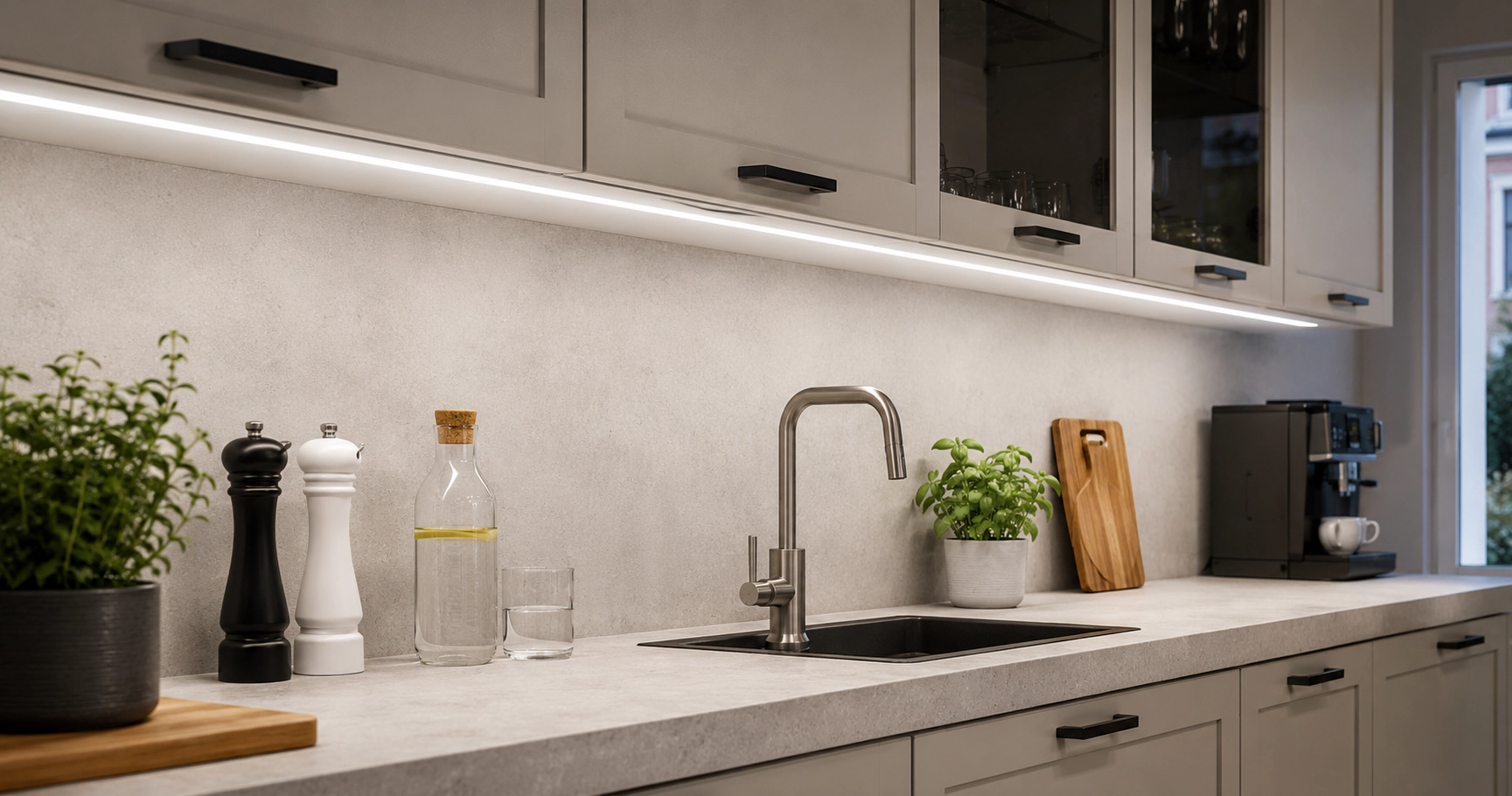 LED osvětlení kuchyňské linky v hliníkovém profilu nad pracovní deskou