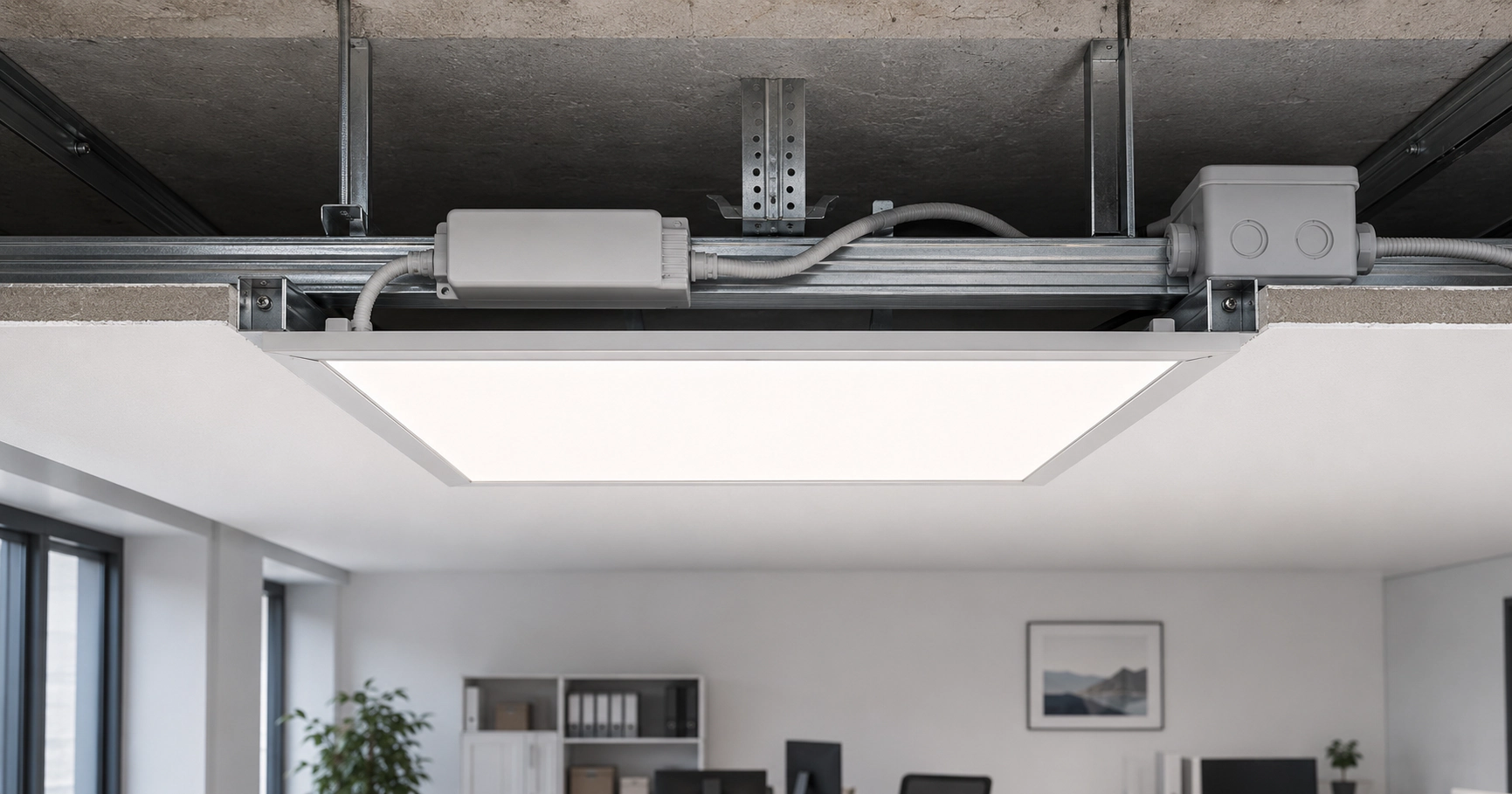 LED panel 60×60 zapuštěný v sádrokartonovém stropu pomocí montážního rámu