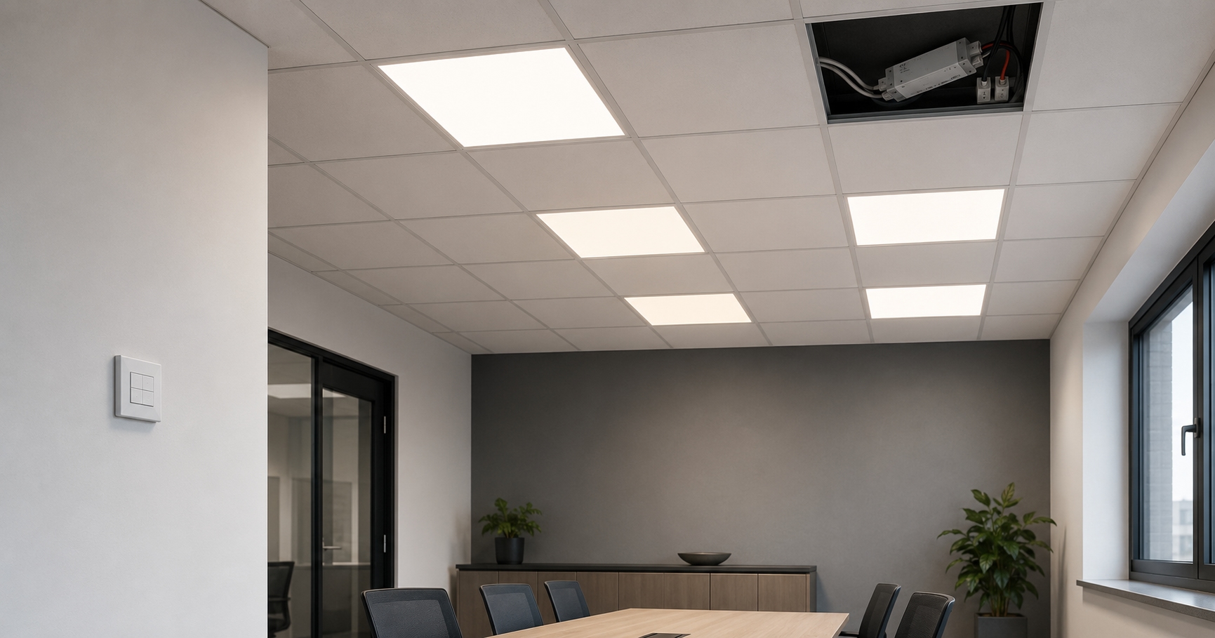 Stmívatelné LED panely v zasedací místnosti s přístupným řídicím driverem