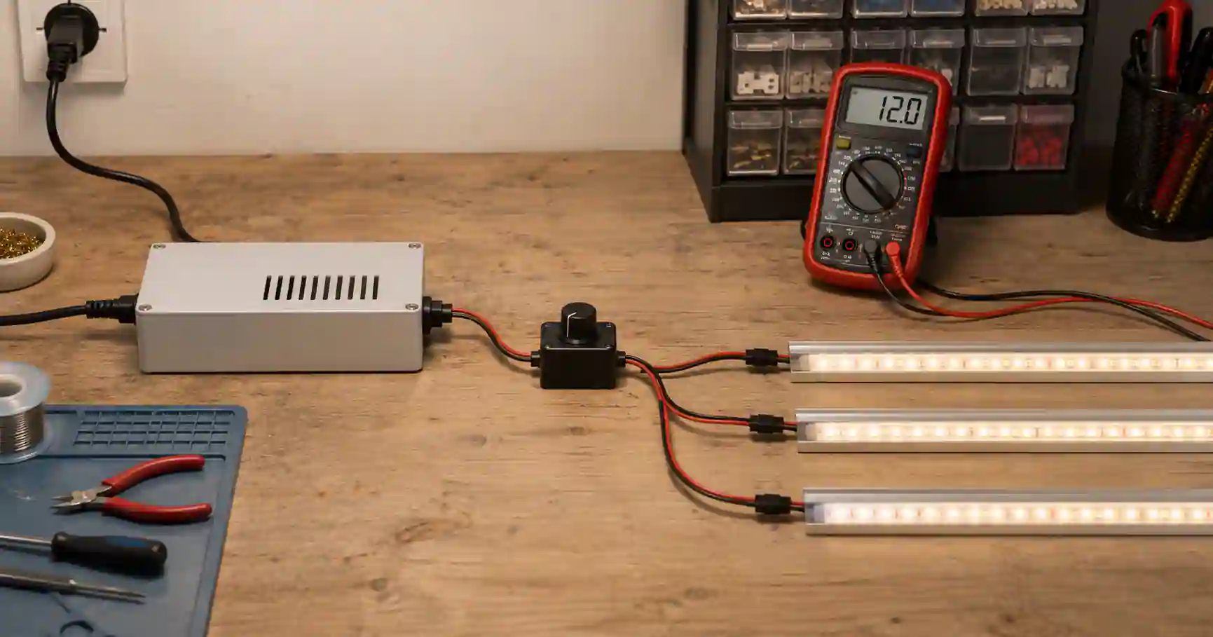 LED pásek 12 V v hliníkovém profilu napájený vhodným 12V zdrojem