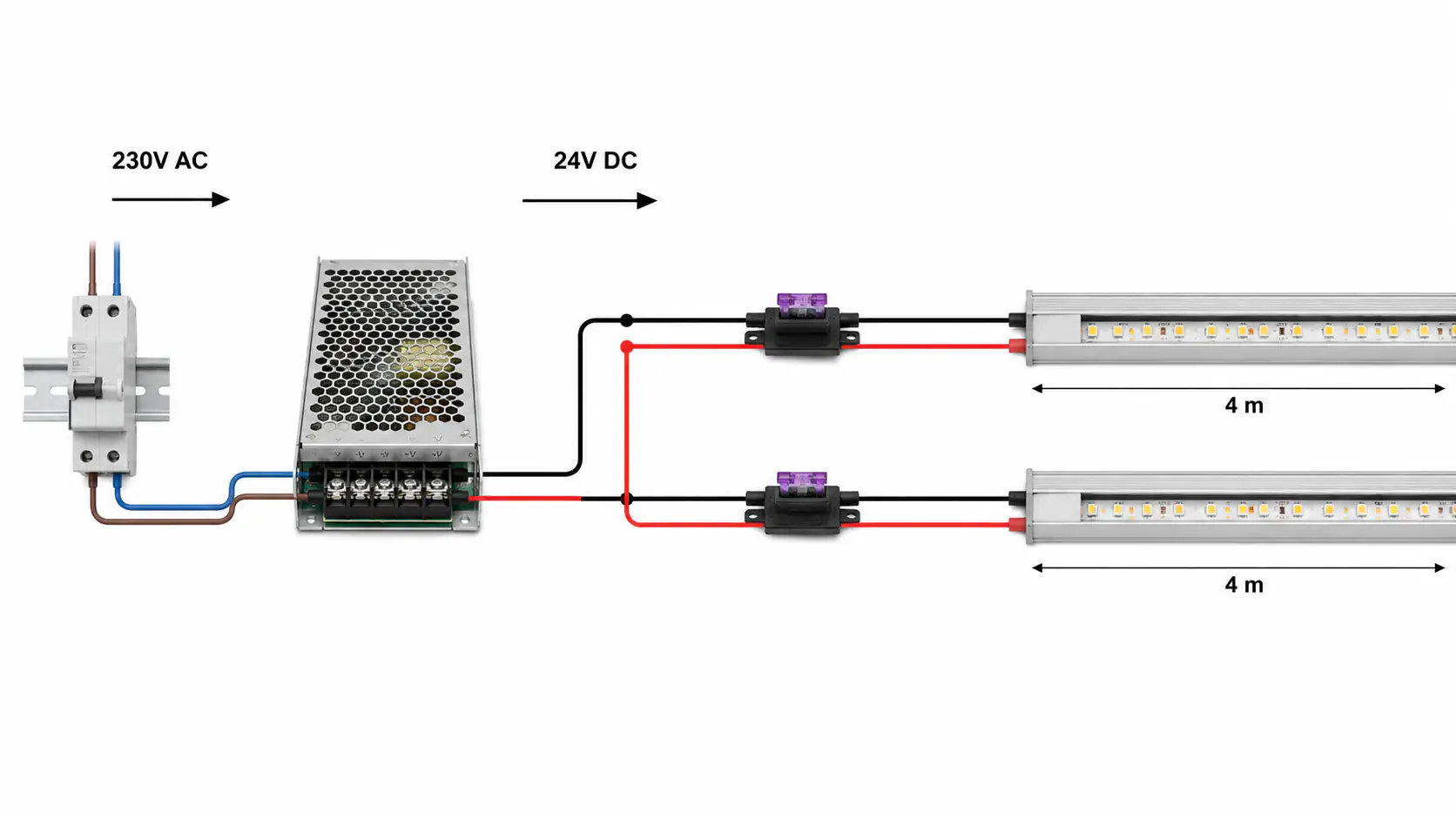 Schéma paralelního napájení dvou větví 24V LED pásku z jednoho napájecího zdroje