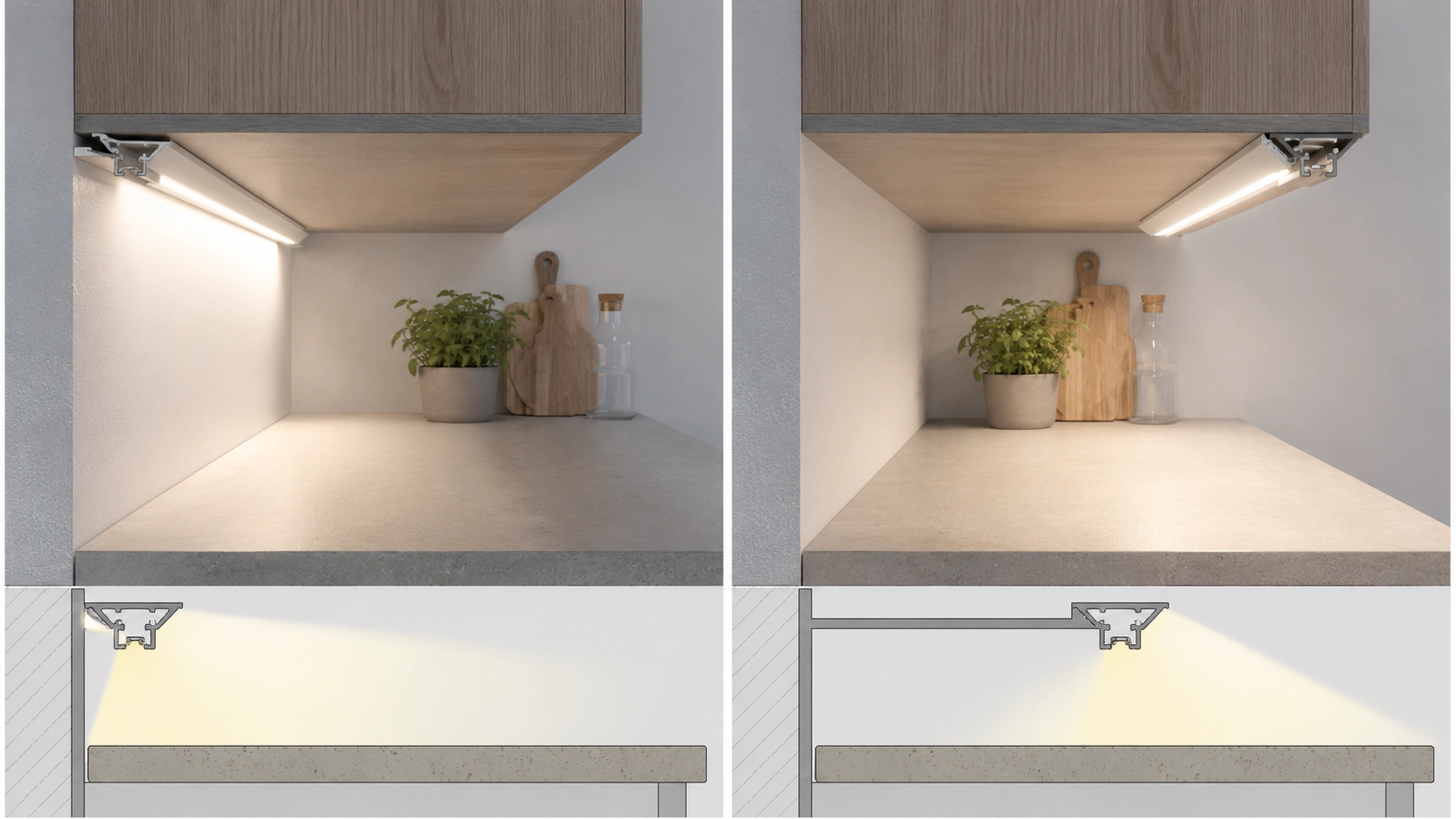 Srovnání zadního a předního umístění LED profilu pod kuchyňskou skříňkou