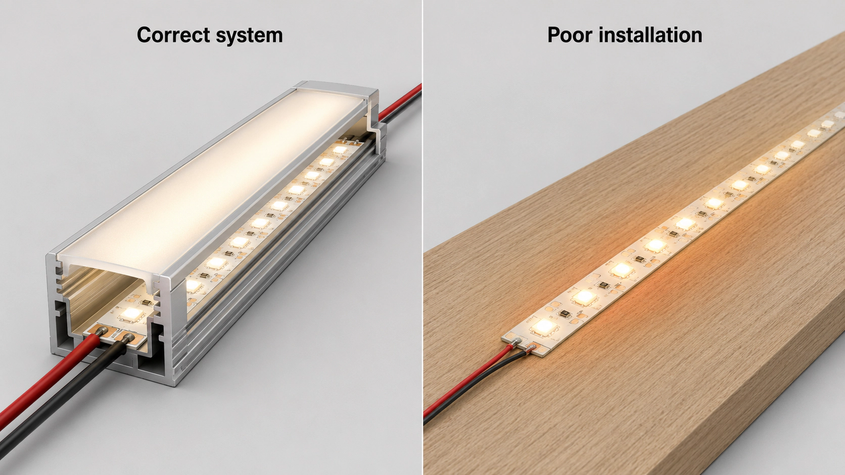 Srovnání správně chlazeného LED pásku a nevhodné instalace s dlouhým přívodem