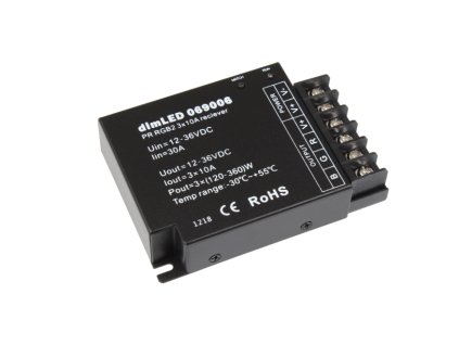 dimLED přijímač pro 1barev./CCT/RGB LED pásky, 12-36V, 3x10A, 120W/240W/360W