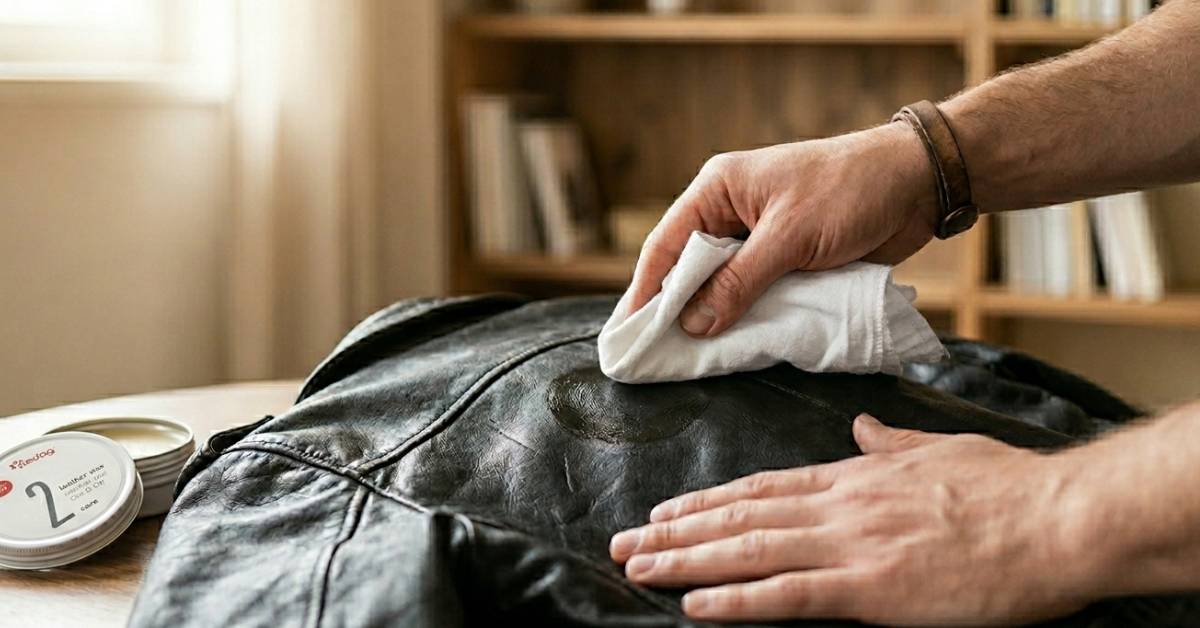 Aplikace krému na koženou bundu hadříkem