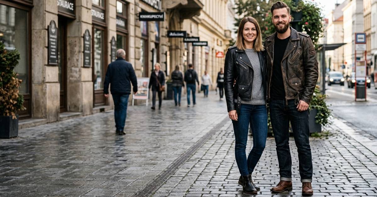 Muž a žena v kožených bundách na procházce ve městě