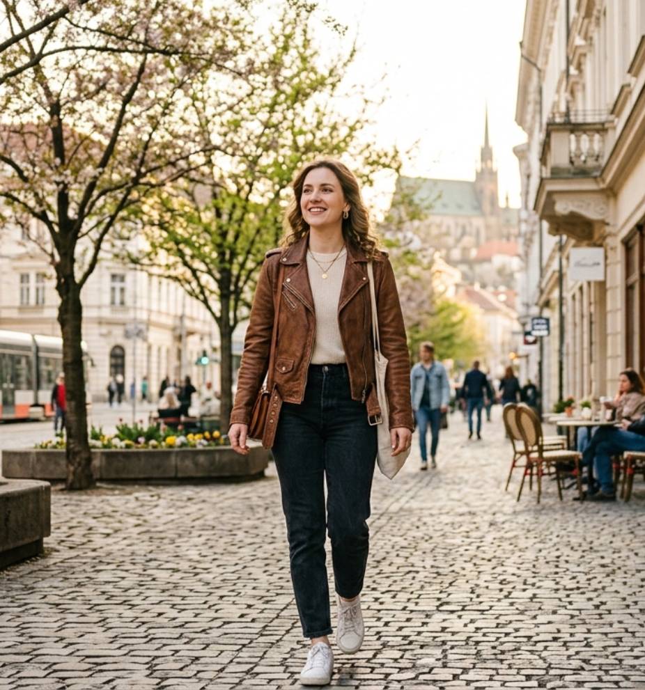 Žena v hnědé kožené bundě na jarní ulici