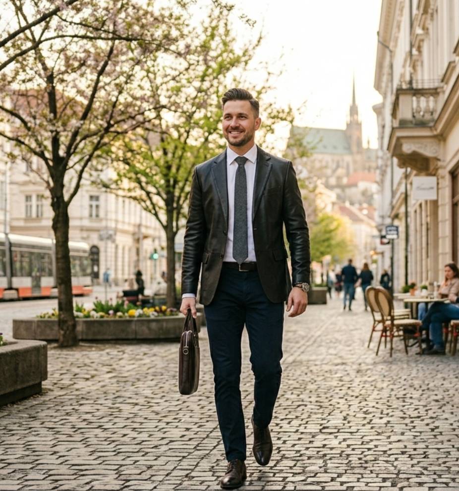 Muž v černém koženém saku na profesionální schůzce