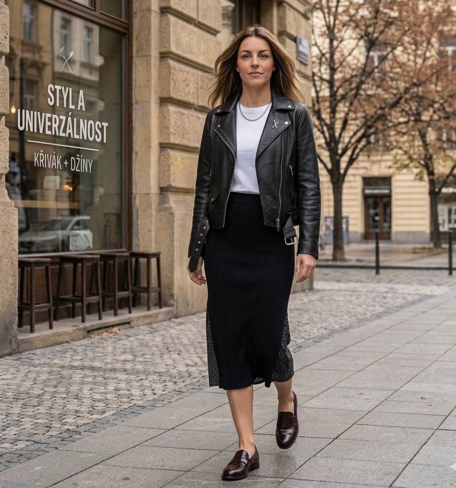 Kožený křivák ke sukni – dámský outfit