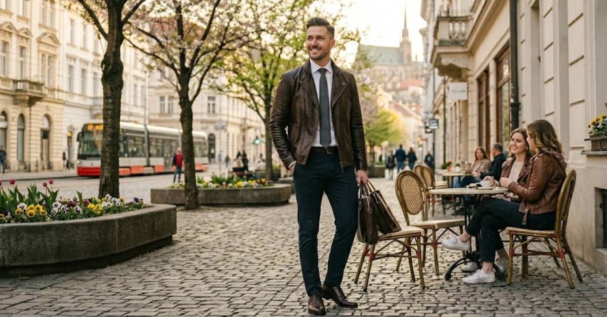 Muž v luxusní pánské kožené bundě
