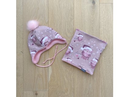 Zimní čepice ušánka - sova růžová/fleece