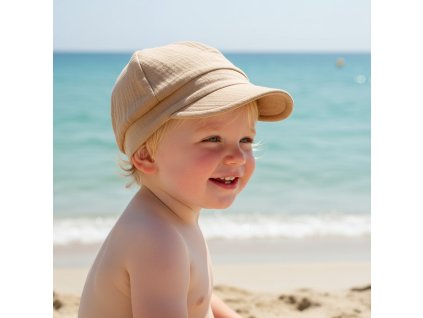 Mušelínová čepice s kšiltem - velbloud