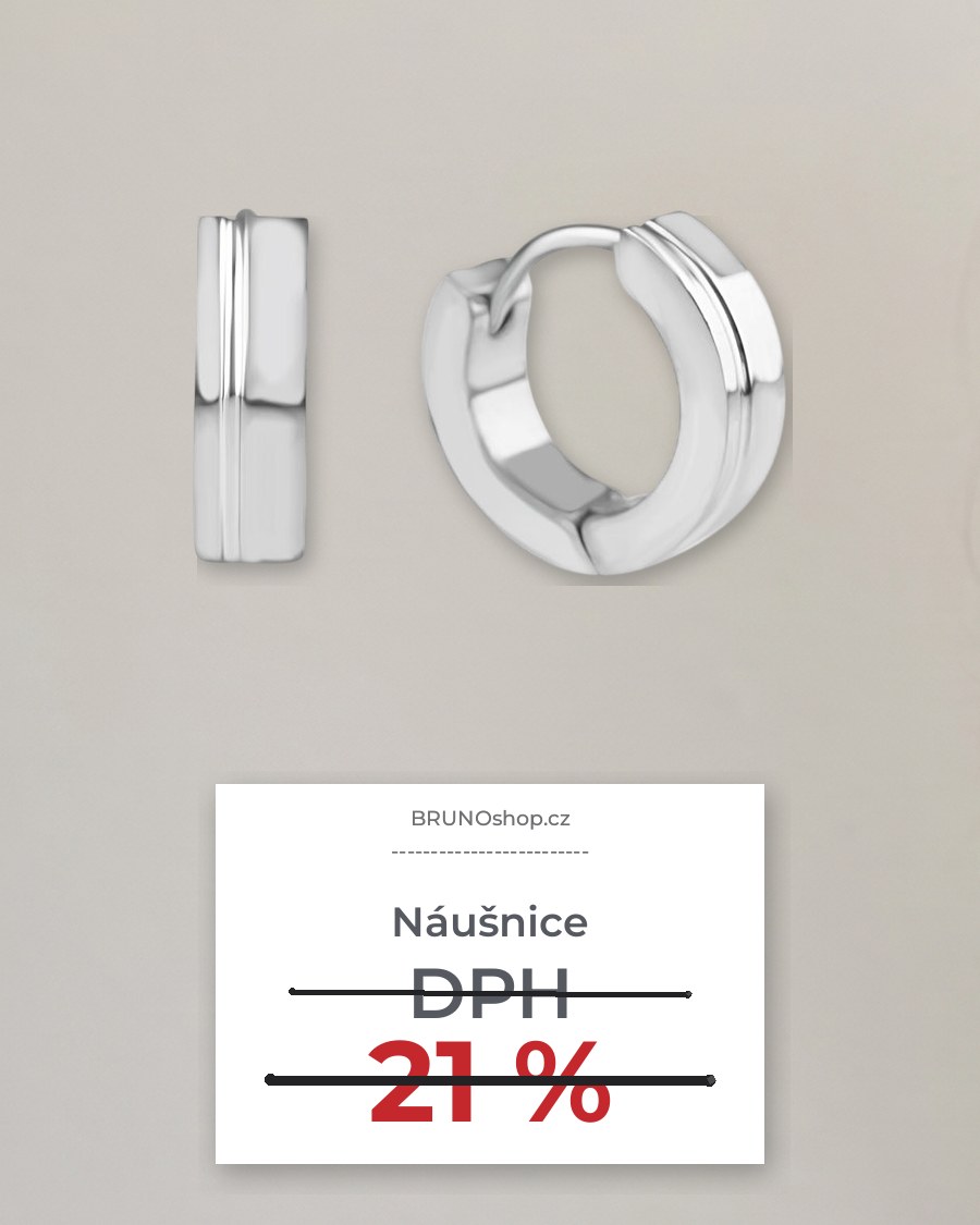 Ocelové náušnice kroužky na světlé stěně a účtenka s přeškrtnutým DPH 21 %
