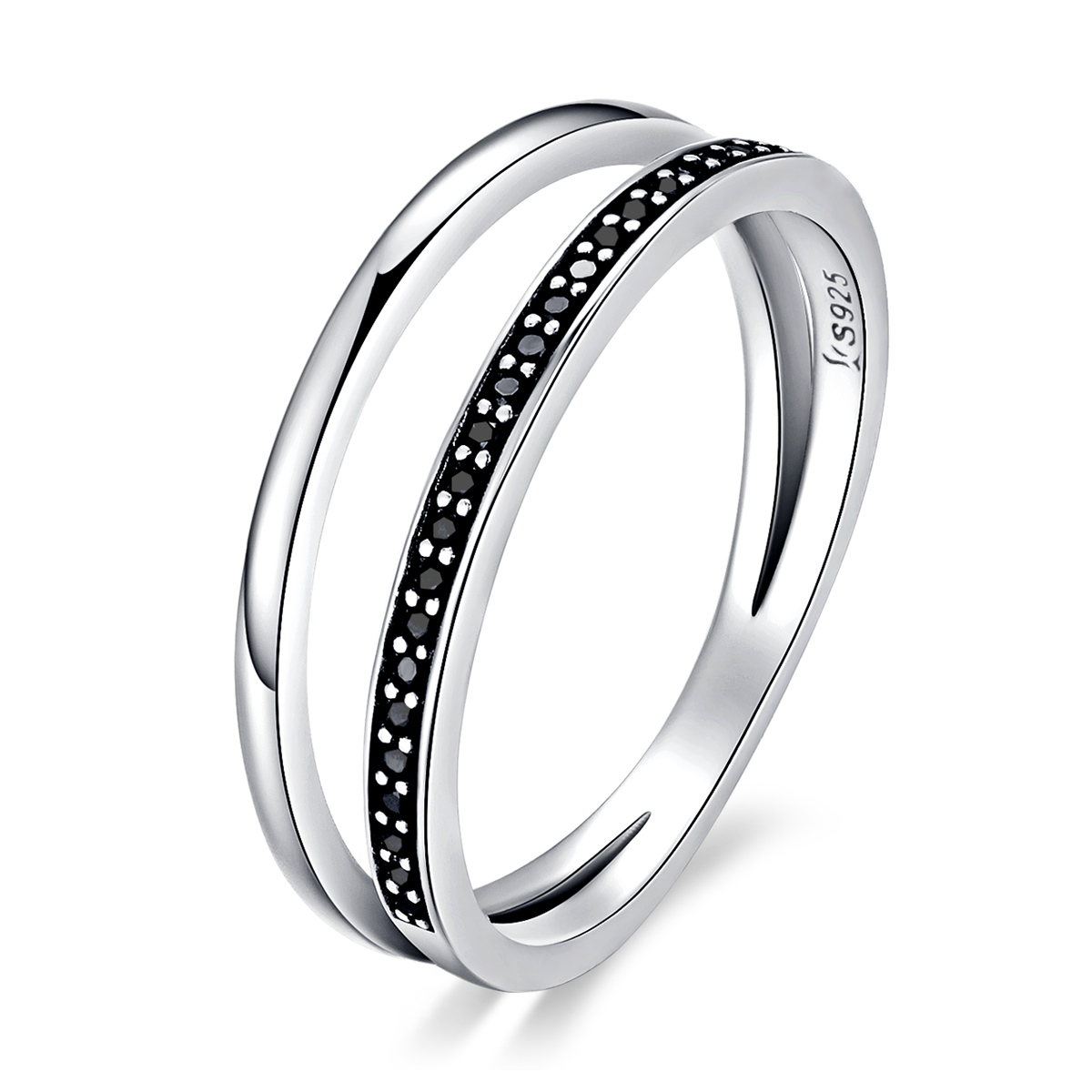 Y0154 Stříbrný dvojitý prsten se zirkony ČERNÝ Velikost: 8 (EU: 56,5 - 58,5)