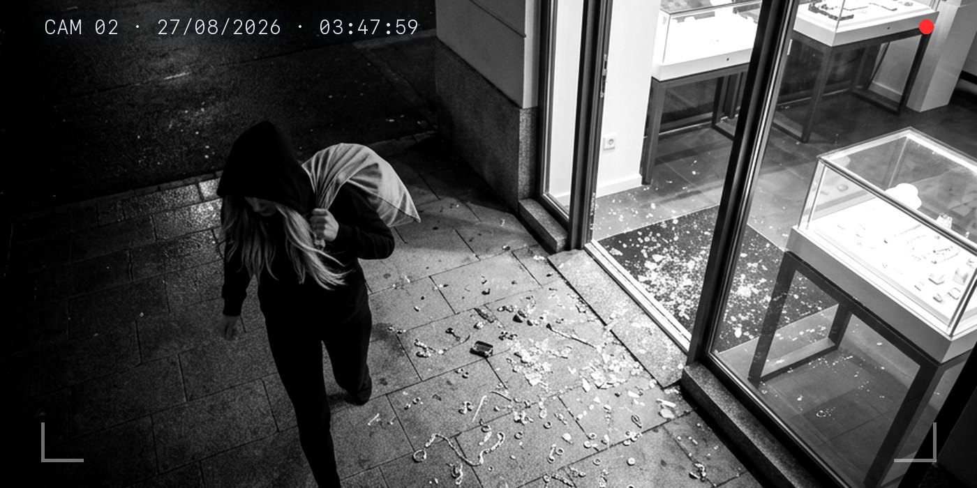 Čiernobiely záznam z kamery: prázdna vitrína a šperky na chodníku