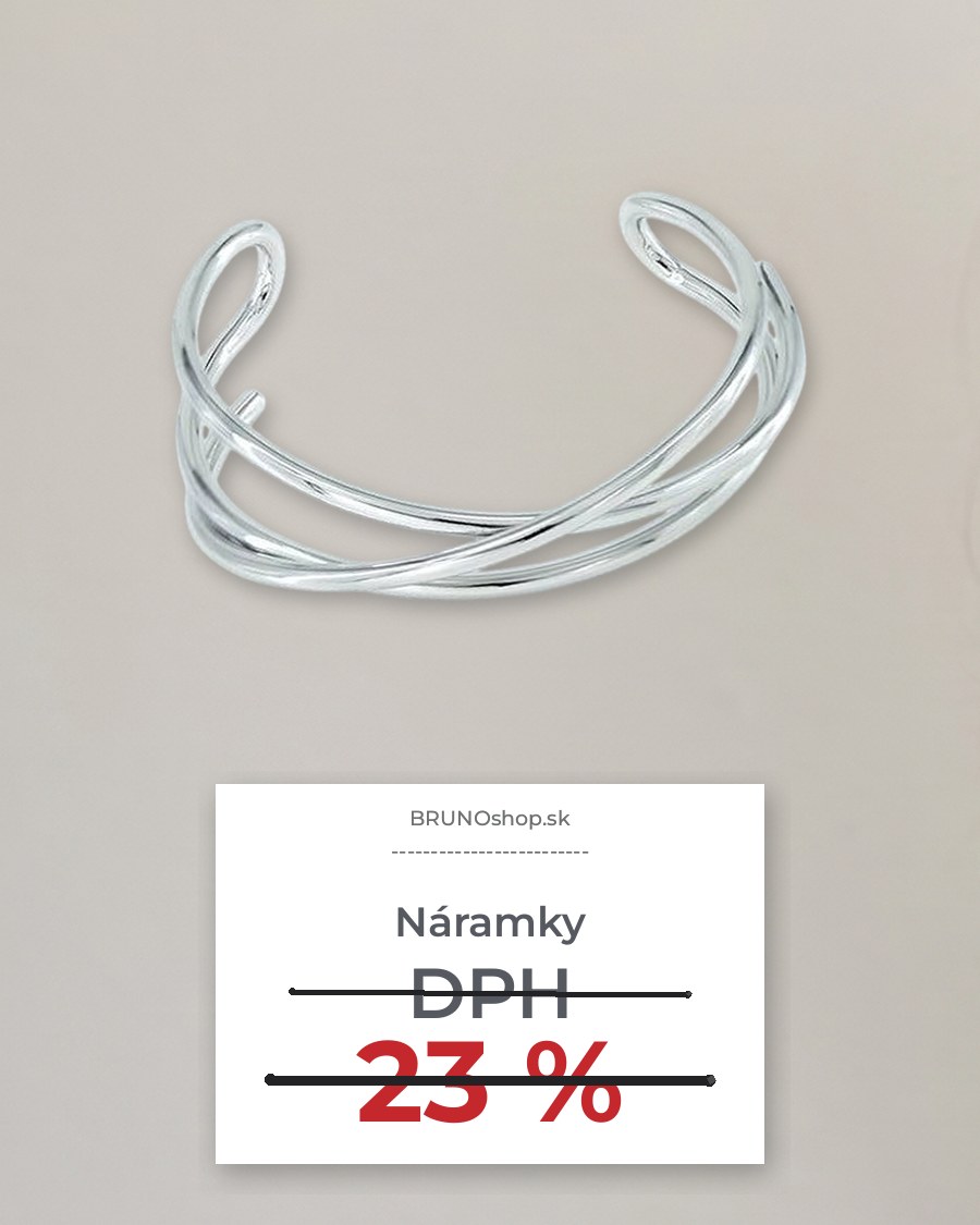 Oceľový náramok na svetlej stene a účtenka s prečiarknutým DPH 23 %