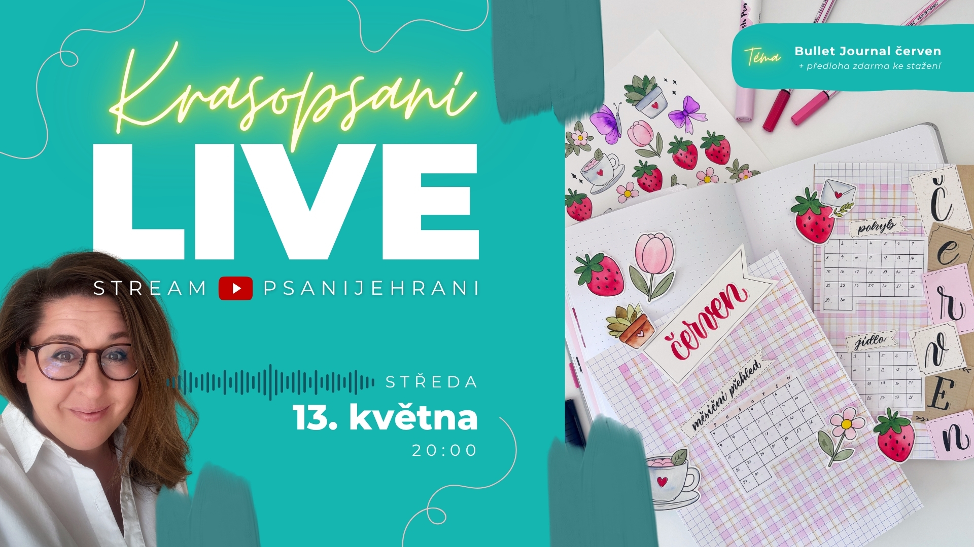 🍓 Červnový Bullet Journal – jahodové tvoření & předlohy ke stažení