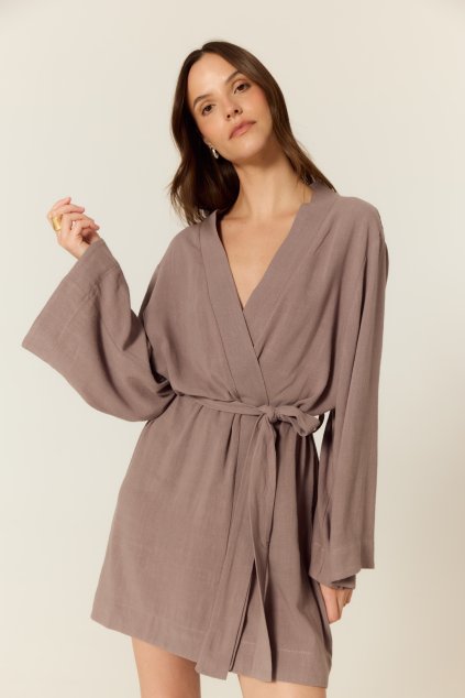 BUBELO, DAMSKA NARZUTKA KIMONO / SUKIENKA Z MIESZANKI WISKOZY I LNU – KOLOR LILAC GREY