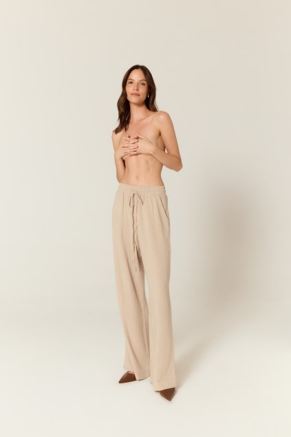 BUBELO DAMSKIE SPODNIE Z SZEROKIMI NOGAWKAMI Z MIESZANKI WISKOZY I LNU – KOLOR SAND BEIGE