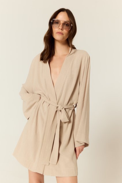 BUBELO, DAMSKA NARZUTKA KIMONO / SUKIENKA Z MIESZANKI WISKOZY I LNU – KOLOR SAND BEIGE