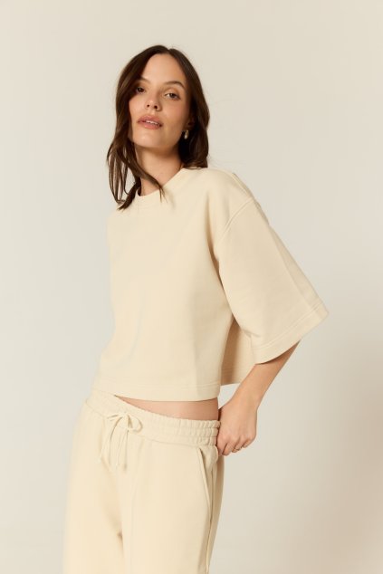 BUBELO DAMSKI MIĘKKI OVERSIZE TOP Z DZIANINY DRESOWEJ, KOLOR MASŁOWO-ŻÓŁTY, BUTTER YELLOW