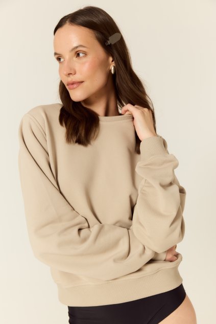 BUBELO BASIC BLUZA Z OKRĄGŁYM DEKOLTEM I ODPINANYMI PODUSZKAMI, KOLOR TAUPE