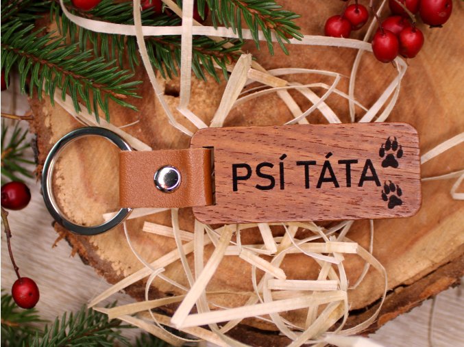 Dřevěná klíčenka s kůží  - psí / kočičí máma, psí táta