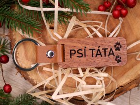 Dřevěná klíčenka s kůží  - psí / kočičí máma, psí táta