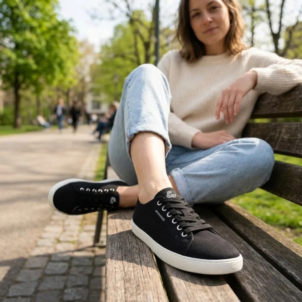 Žena v čiernych textilných barefoot teniskách sediaca na lavičke v parku