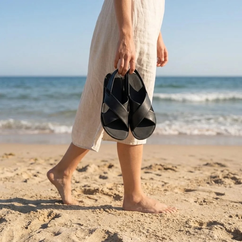 Dámske barefoot sandále na nohách v letnom prostredí