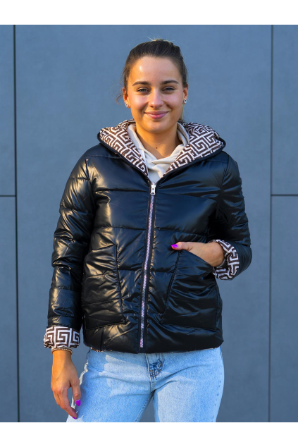 Černá oboustranná péřová bunda Sasha s kapucí a kapsami (Velikost S)