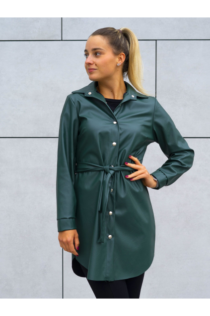 14922 dlouha tmave zelena kozenkova bunda mio s opaskem a knofliky
