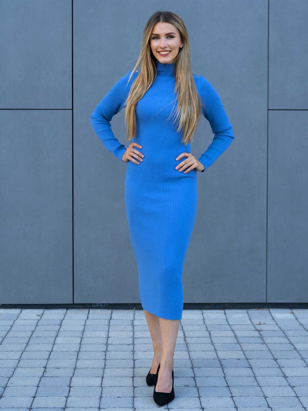Modré pletené midi šaty Claudia s dlouhým rukávem