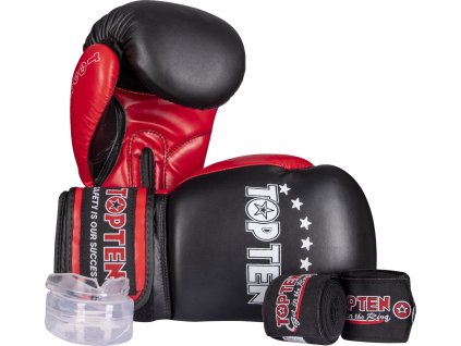 Boxing Gloves Starter Kit incl. Mouthguards and Bandages - 10 oz, black-red (Color Black - Red, Gloves weight 10 oz, Gloves cut Without Label)