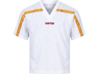 T-Shirt for kickboxing “Mesh” - white-gold, size 130, with V-neck (Size 130, 130 cm, Color White - Gold)