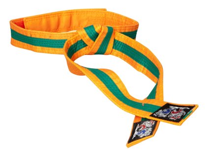 Karate belt “KAMPFKATZEN” two-tone - orange-green (Color Orange - Green, Gloves cut Without Label)